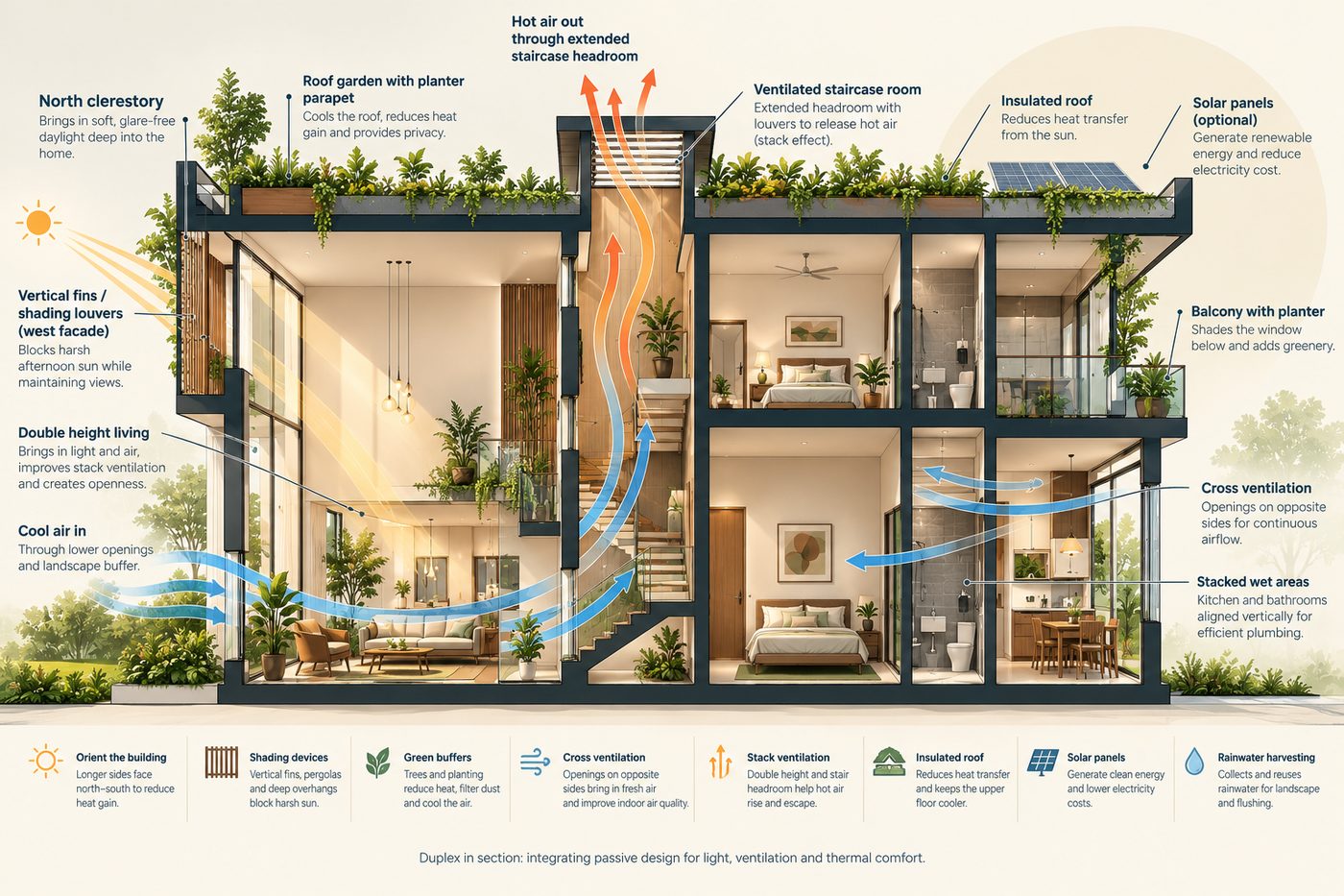 Section through a duplex showing double height, stair and stacked columns